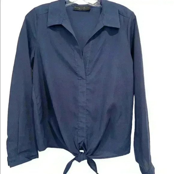 VINTAGE HAVANA V NECK -BUTTON DOWN -TIE WAIST -LONG SLEEVE NAVY - Picture 4 of 11